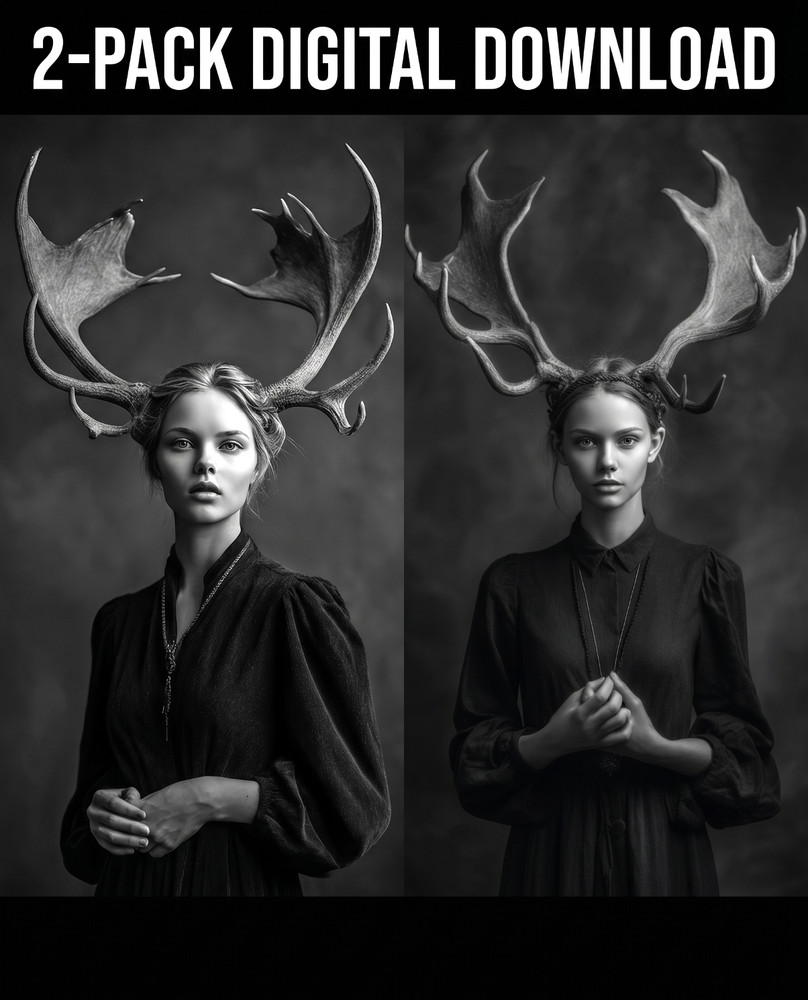 Dark Fantasy Deer Woman 2 Portraits Gothic Wall Art Digital Download B&W AI File