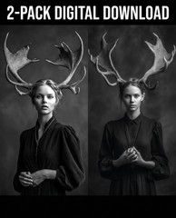 Dark Fantasy Deer Woman 2 Portraits Gothic Wall Art Digital Download B&W AI File