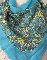 Vintage blue yellow flowers Hand Painted Pure Silk Spring Scarf unique