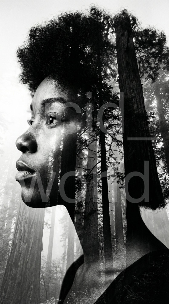 Woman in Forest Double Exposure Digital Download Printable Wall Art Black&White