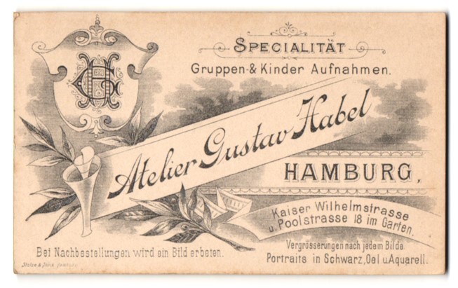 Photograph Gustav Habel, Hamburg, Kaiser Wilhelmstr, monogram of the photographer N