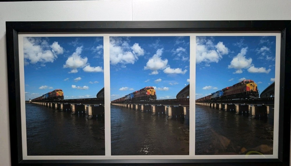 Framed Train Bridge Triptych Wall Art Print Railroad Landscape 25.5 x 13.75