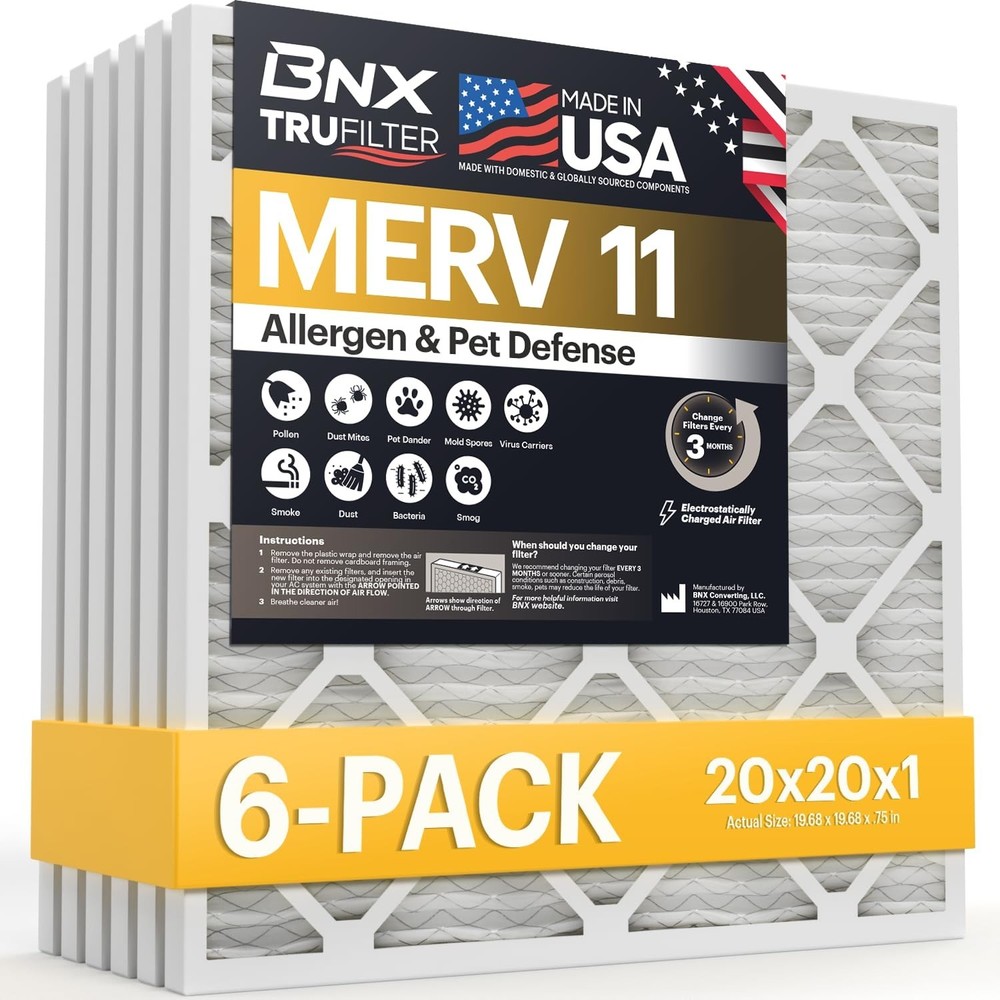 BNX TruFilter 20x20x1 Air Filter MERV 11 (6-Pack) – MADE IN USA – Allergen De…