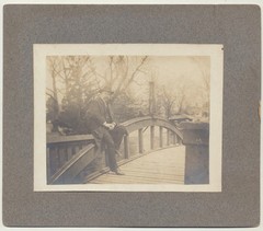 Well Dressed Man, Possibly a Grandpa, on Bridge. Mounted Albumen Print.