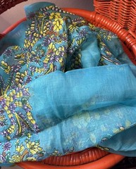 Vintage blue yellow flowers Hand Painted Pure Silk Spring Scarf unique