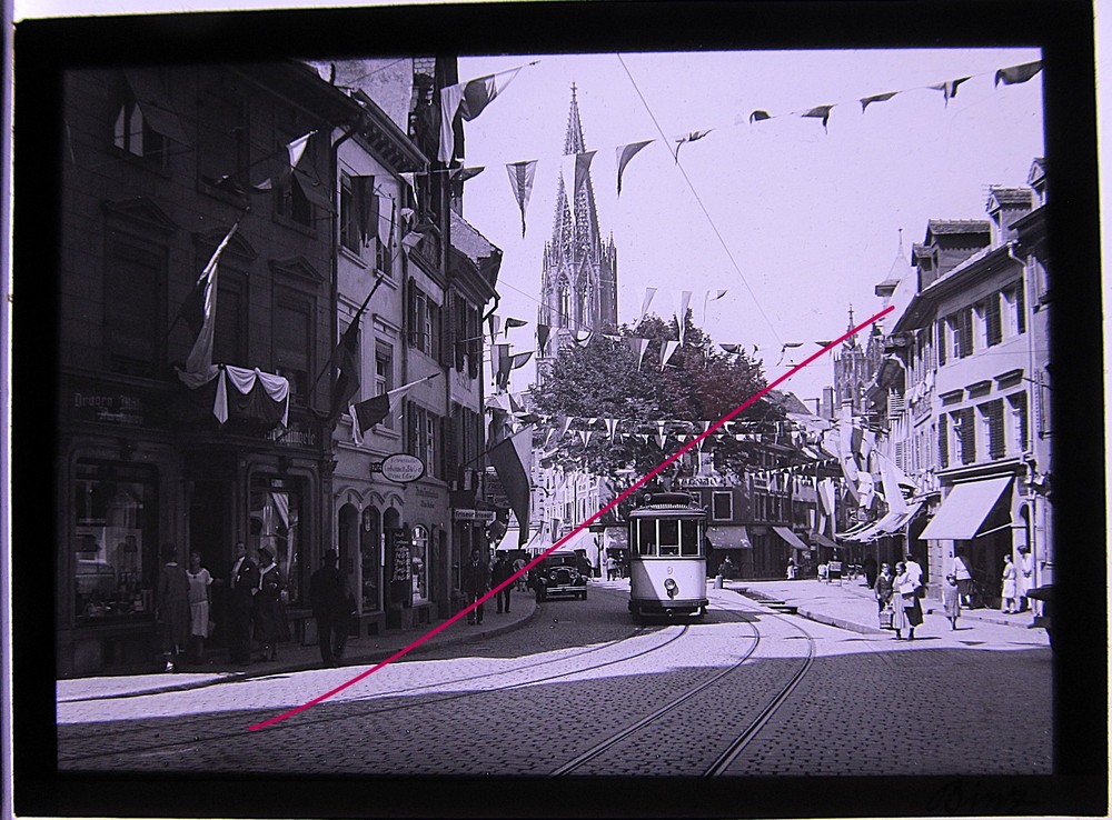 Freiburg Oberlinden Tram around 1900 Large Hist. Glass Picture No 2