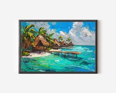 Bora Bora Oil Painting, Bora Bora Beach Landscape, Palm Trees Tiki Hut Wall Art