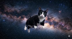 Space Cat Digital Wall Art Print – Cute Tuxedo Cat Floating in Galaxy Milky Way,