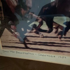 Wes Caulter Signed Framed Matted Color Photo Down the Backstretch Saratoga 1989