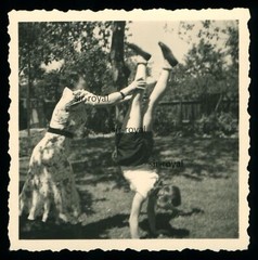 Girl Making Handstand in Garden in Hamburg Blankenese – 1930s – Photo 6x6cm