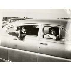 Vintage Black and White Photograph Couple in Car Drive-In Movie Scene