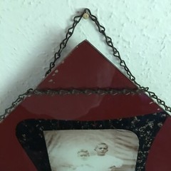 Vintage Old Handmade ?photo in glass with chain wrapped around 9”x9”