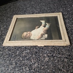 Antique 1920s Hand Colored Baby Portrait Photograph Art Deco Frame 6×8