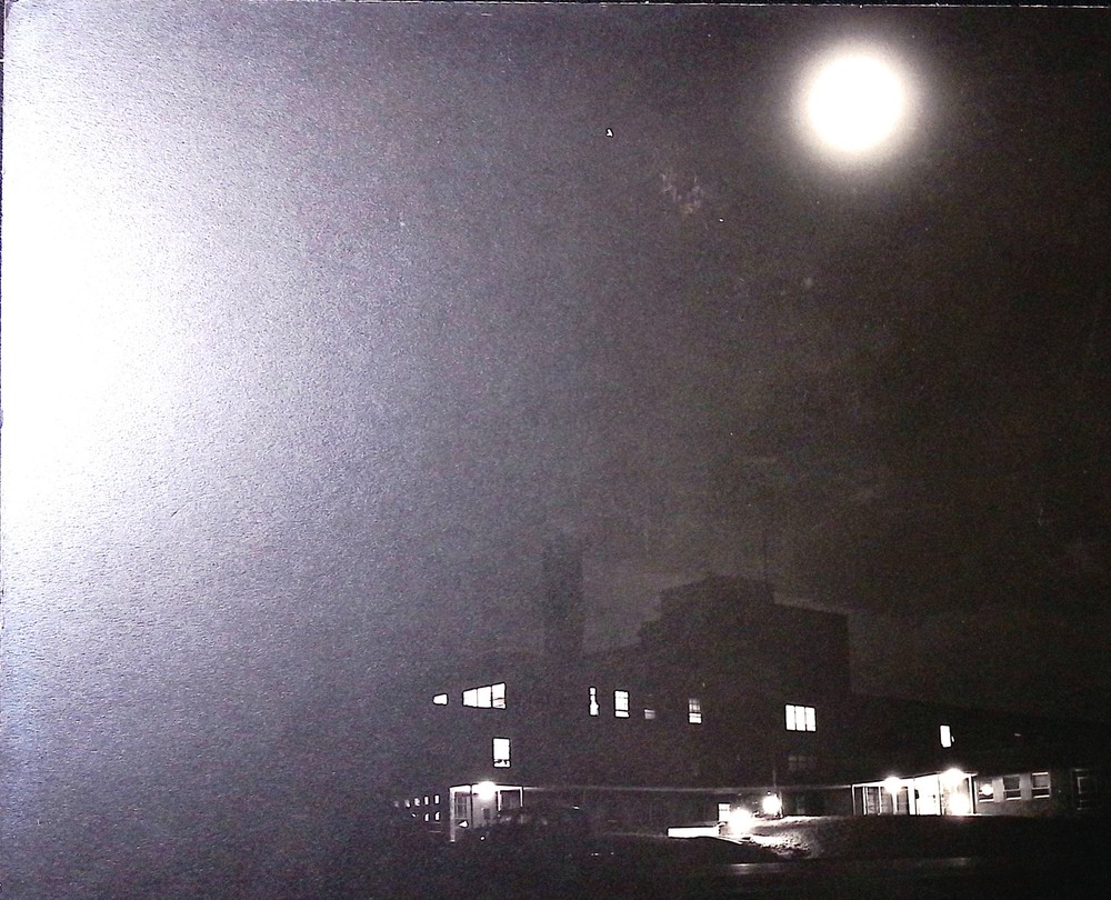 Vintage Art Board Photograph Moonlit Factory Building Under the Night Sky