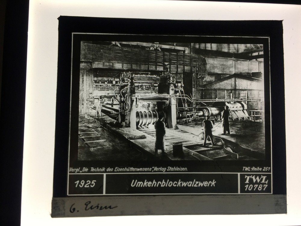 Original old glass slide/plate reversing block rolling mill approx. 1925 8.5x10cm SW-