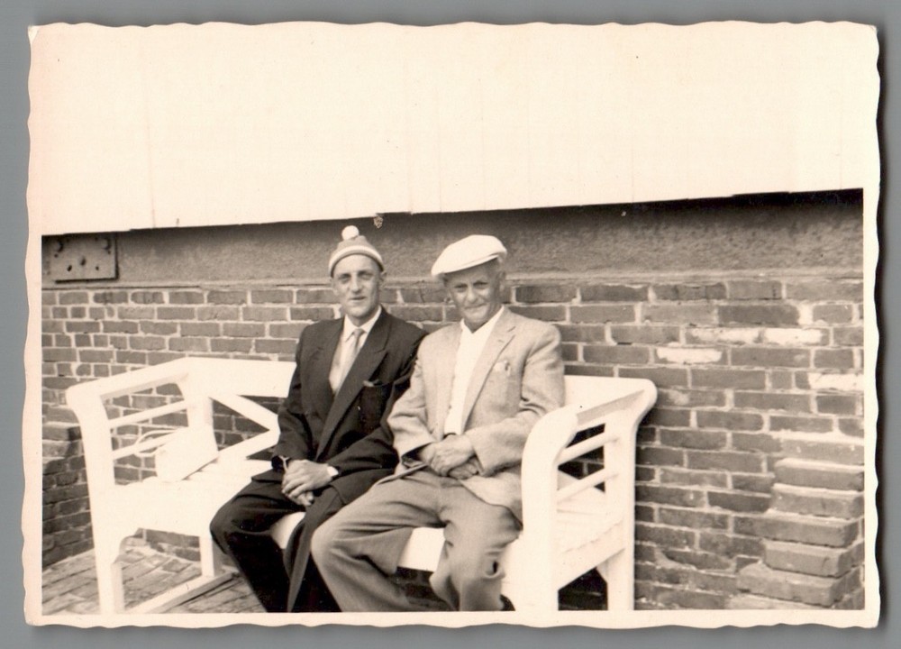 Photo 2 Cool Older Men on Bench Hats 1950s Serenity Aged (F1252)
