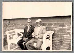 Photo 2 Cool Older Men on Bench Hats 1950s Serenity Aged (F1252)