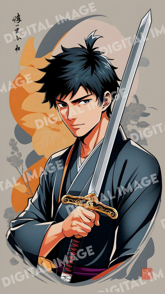 Digital Image Picture of Anime Inspired Asian Warrior Holding Sword – AI Art