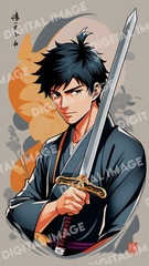 Digital Image Picture of Anime Inspired Asian Warrior Holding Sword – AI Art