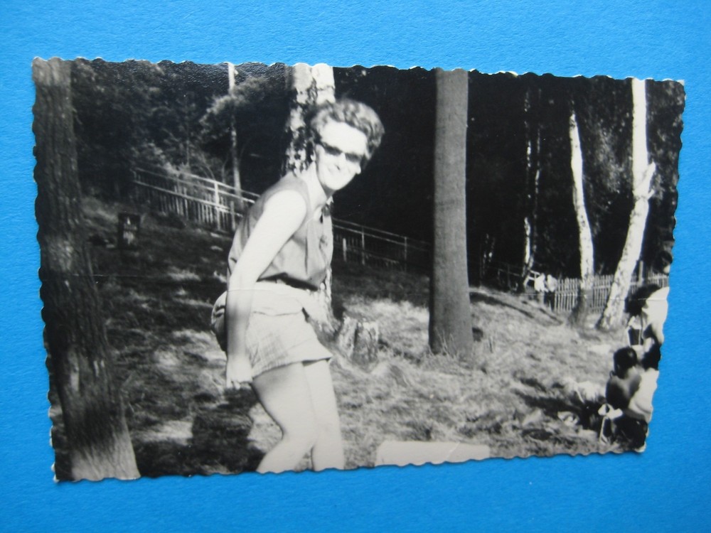 Retro photo GDR pretty woman in short skirt 1960, original 6 x 9.5 cm