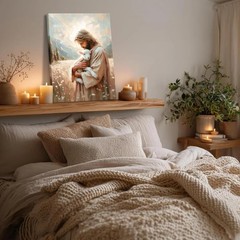 Jesus and Lamb Canvas Wall Art Christian Jesus the Good Shepherd Painting pic…