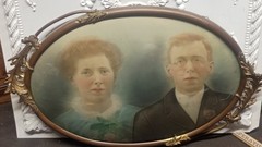 Antique Portrait Convex Bubble Glass Oval Frame Ornate Metal Early 1900s