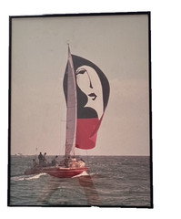 Vintage ART DECO Sailboat Photo Framed Lady Face Sail 18″H x 13″W Photograph