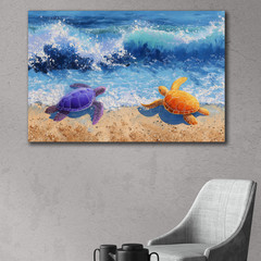 Colorful Sea Turtles Beach Painting, Purple Orange Ocean Blue Waves, Coastal Art