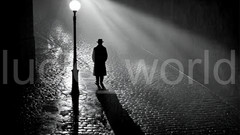 Night Street Lamp Post Man Cobblestone Rain B&W Ai Art Digital Download PNG File