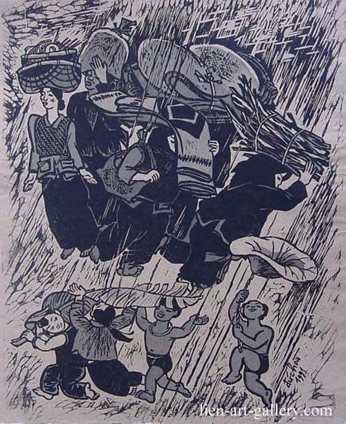 Duc Hoa Monsoon Labor Echoes of a Rebuilding Era wood cut 40x50cmborn 1957 VUFA
