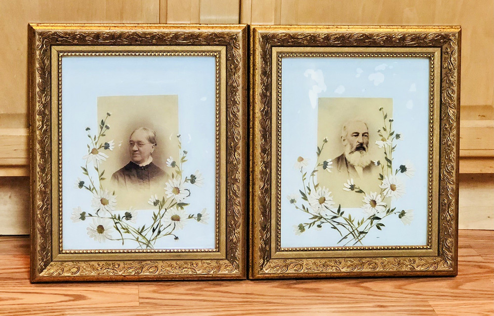 Lot 2 Vintage Gold Framed Black White Portrait Photographs Hand Painted Flowers