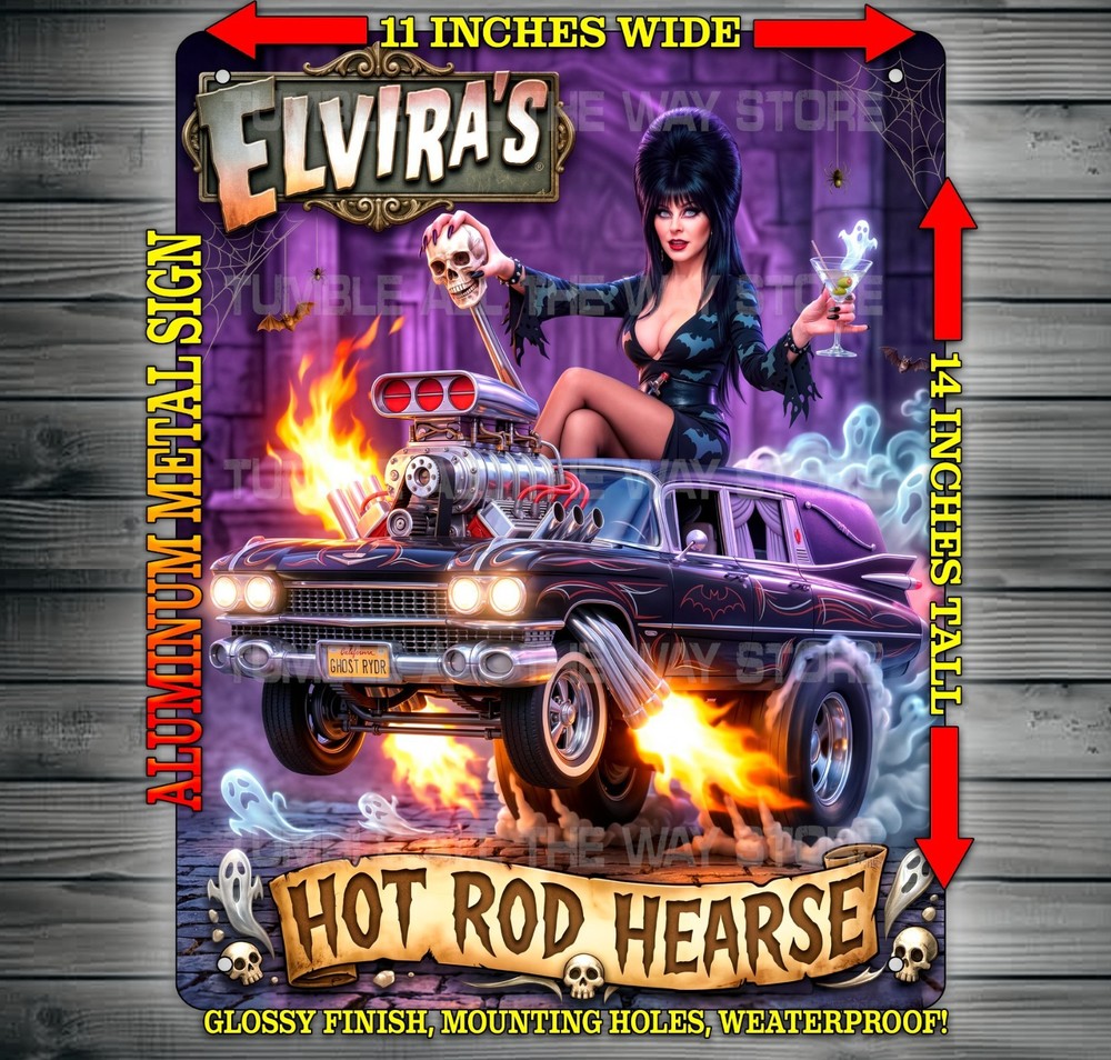Elvira Sexy Macabre Hot Rod Hearse Metal Sign Wall Art 14″ x 11″
