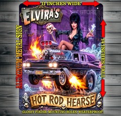 Elvira Sexy Macabre Hot Rod Hearse Metal Sign Wall Art 14″ x 11″