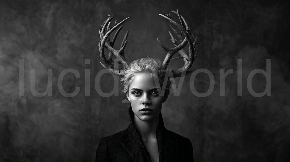Dark Fantasy Deer Woman Portrait Gothic Wall Art Digital Download B&W AI File