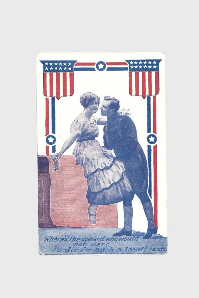 Vintage Patriotic Post Card Woman and A Soldier