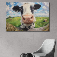 Funny Cow Wall Art, Playful Farmhouse Canvas, Animal Painting, Rustic Kitchen