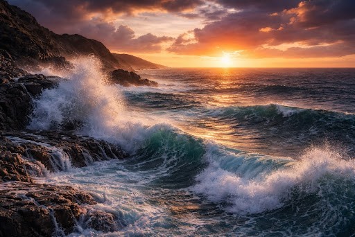 4K Aesthetic Ocean Waves Crashing Rocks Sunset Digital Desktop Wallpaper