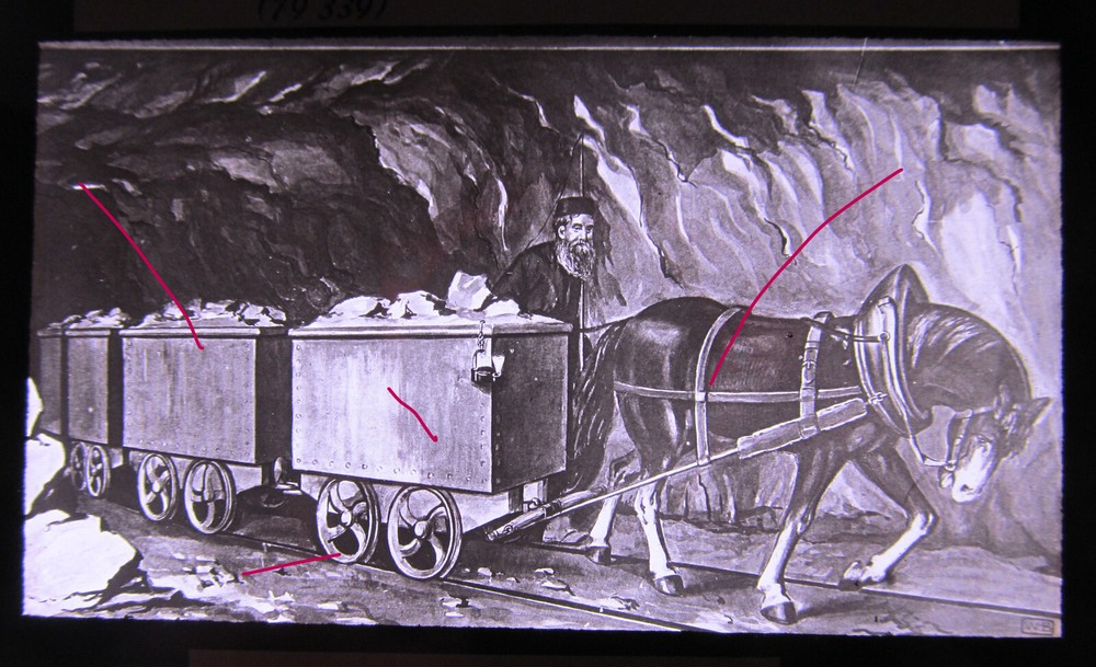 mining feeder with horses antique hist. large glass picture