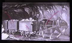mining feeder with horses antique hist. large glass picture