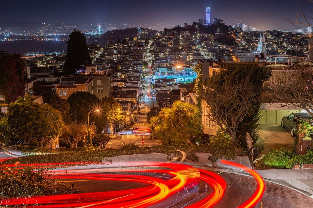 San Francisco at Night Lombard Street & Skyline Photo Print, California