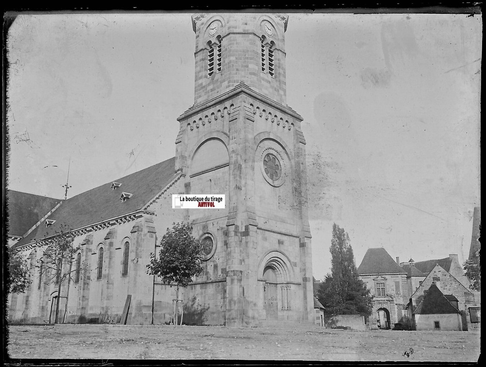 Castle Pionsat, Church, Plate Glass Photo, Negative Black & White
