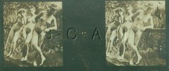 Original Antique B/W Nude Real Photo- Double Stereoscope- Three Women Outdoors