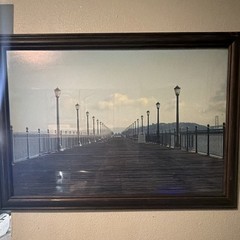Framed Color Landscape Photograph Wall Art Pier/Boardwalk Lamp Posts Ocean