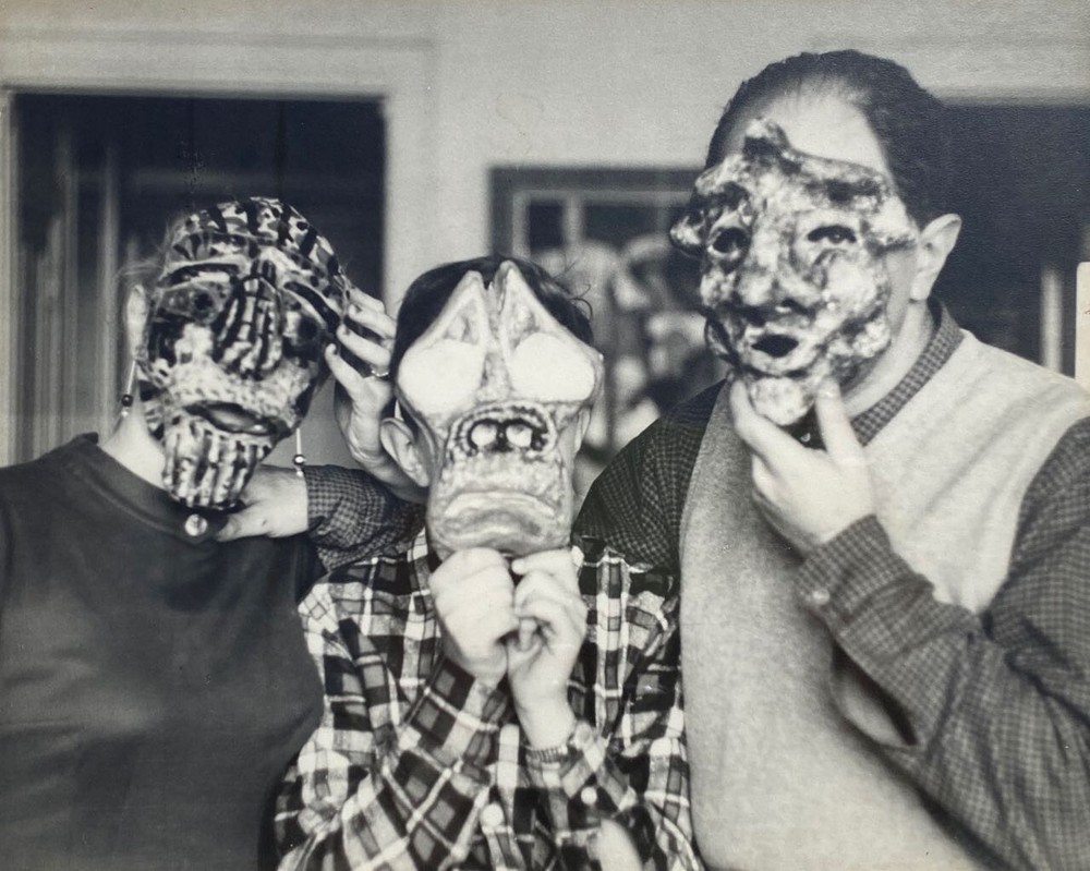Vintage Mask Family Portrait Surreal Halloween Strange Bizarre BW Art Photograph