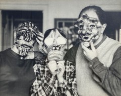 Vintage Mask Family Portrait Surreal Halloween Strange Bizarre BW Art Photograph