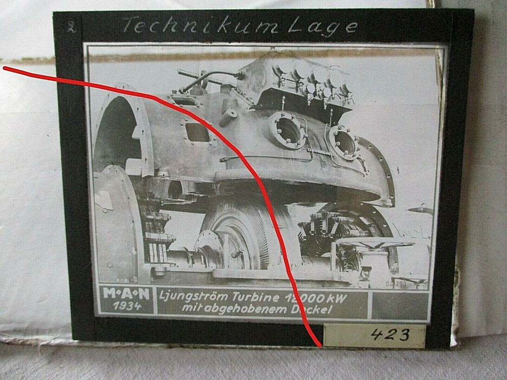 Old glass positive MAN 1933 Ljungström turbine, 10x9cm industrial image.