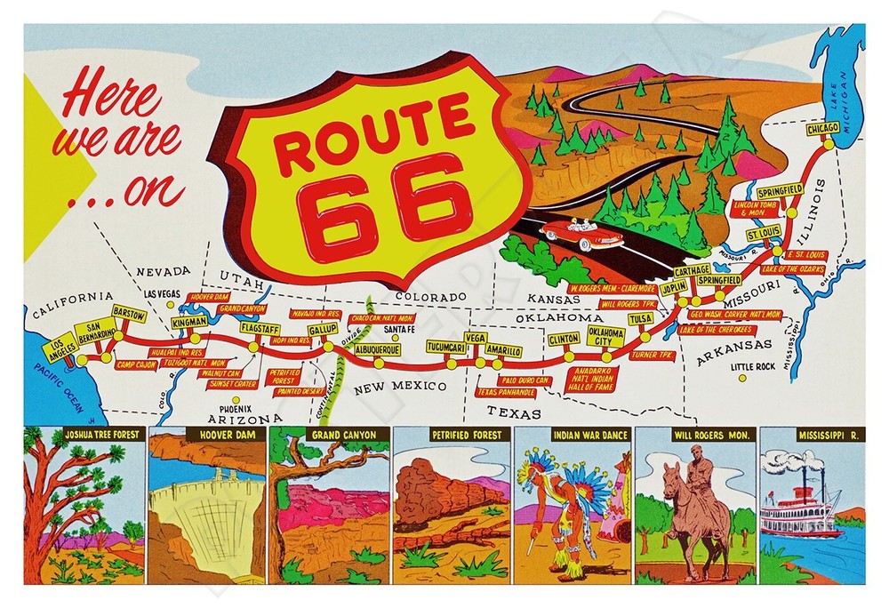 1950s Route 66 U.S. Map Colorful Vintage Poster