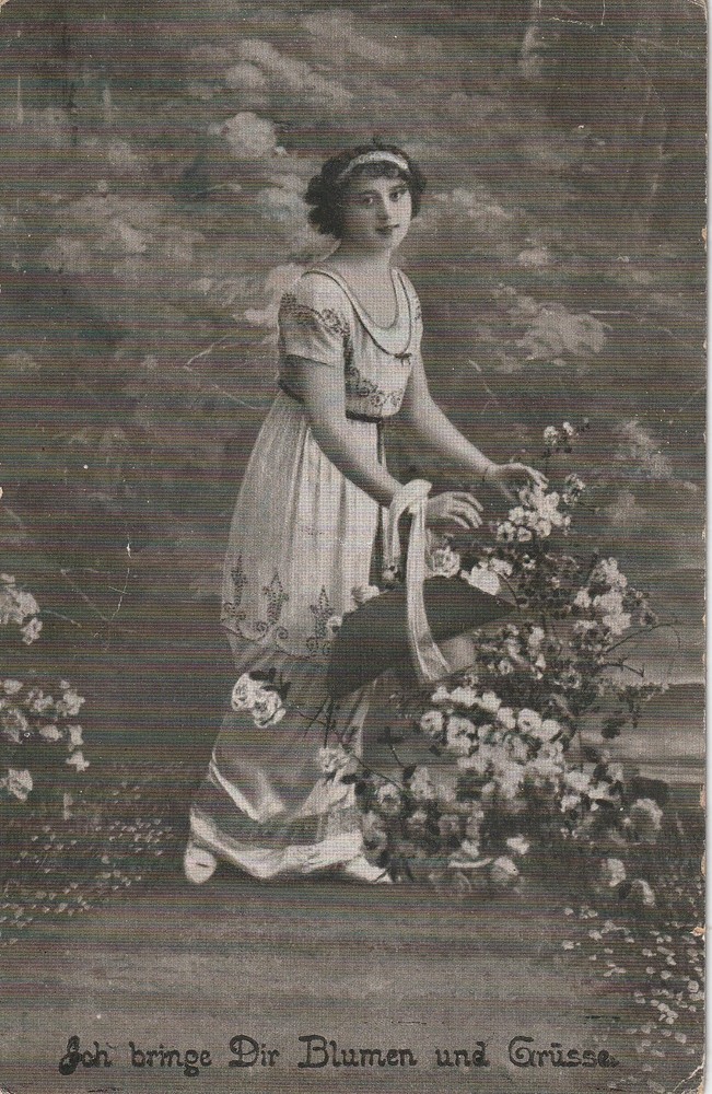 Photo Postcard Young Woman with Basket Full of Flowers 1921 Snapshot