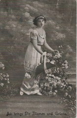 Photo Postcard Young Woman with Basket Full of Flowers 1921 Snapshot