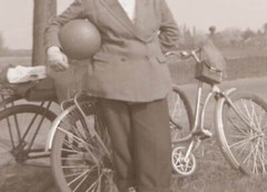 Great old negative woman with football and two bikes 1950-60s?